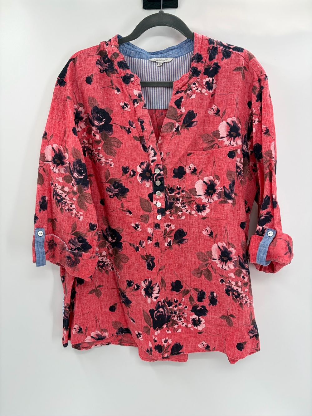 John Mark Pink Floral Linen Long Sleeve cuffed sleeve boho Top Blouse size 2X